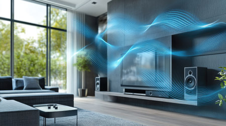 The vibrant movement of sound waves emanating from a high-end sound system in a modern living room.の素材