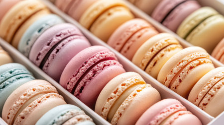 A beautifully arranged box of macarons in soft pastel hues, perfect for a gift or celebration.の素材