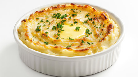 Steaming hot mashed potatoes with golden butter melting on top, garnished with fresh parsley in a round white dish on a plain white backdrop.の素材