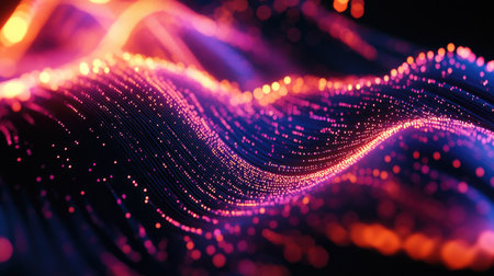 Vibrant, glowing sound waves traveling across a sleek black background, creating a sense of movement and energy.の素材