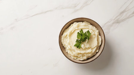 Overhead shot of a simple, elegant bowl of mashed potatoes with parsley garnish, set on a seamless white background with soft natural lighting.の素材
