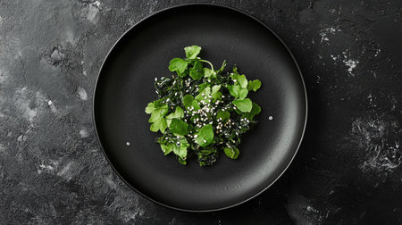 Overhead shot of wakame seaweed salad, lightly dressed and garnished with sesame seeds, served on a matte black plate.の素材