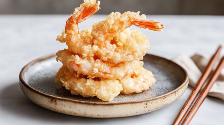 Crispy shrimp tempura stacked on a ceramic plate, with a pair of chopsticks resting beside it, against a neutral background.の素材