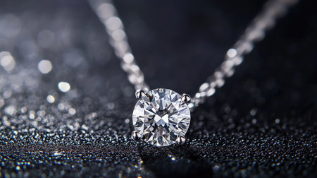 A close-up shot of a round-cut diamond pendant necklace, reflecting light on a sleek black surface.の素材