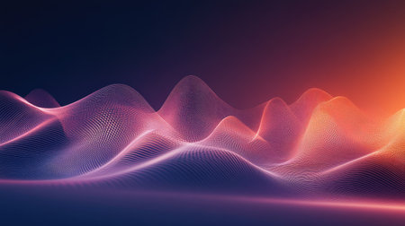 Flowing sound waves with varying amplitudes, set against a sleek gradient background for a modern, digital look.の素材