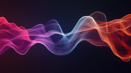 Flowing sound waves creating an artistic, fluid motion, with colors fading from red to purple, against a black backdrop.の素材