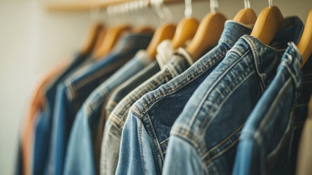 A fashion-forward rack with stylish jeans on display, featuring skinny, bootcut, and relaxed fits, set against a light, bright background.の素材
