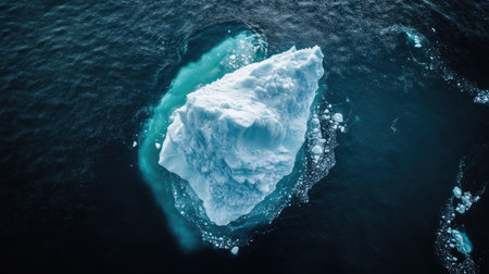 An aerial shot of an iceberg, its submerged portion forming a massive, threatening shape.の素材