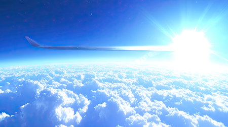 An airplane wing soaring above the clouds, with a brilliant blue sky and soft white clouds stretching into the horizon.の素材