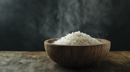 Steaming hot white rice in a rustic wooden bowl, placed on a textured dark background for contrast.の素材