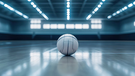 Volleyball placed at center of indoor gym floor, surrounded by faint reflections and bright court lighting, ready for game actionの素材
