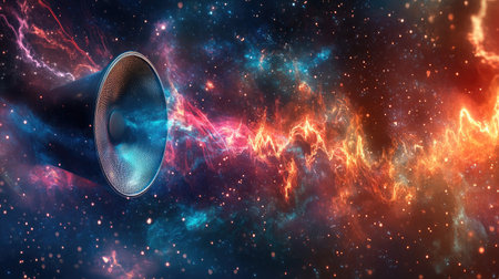 Digital art showing a speaker emitting sound waves in a cosmic, space-inspired design.の素材