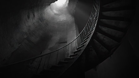 A spiral staircase in an abandoned lighthouse, winding up into total darkness.の素材