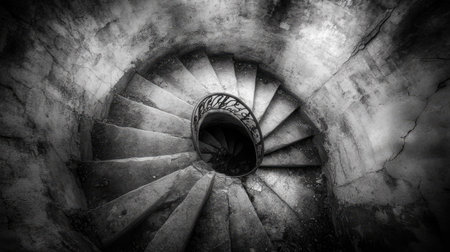 A spiral staircase in an abandoned lighthouse, winding up into total darkness.の素材