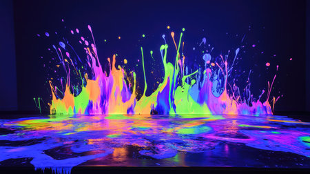 Neon-colored paint splashes illuminated by blacklight, creating a glowing, otherworldly effectの素材
