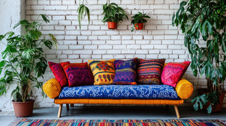 A boho-inspired couch with colorful cushions, set against a white brick wall with indoor plants for a fresh, vibrant look.の素材