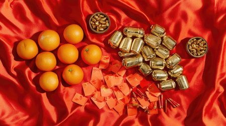 A festive flat lay of gold ingots, oranges, red envelopes, and firecrackers arranged on a bright red silk clothの素材