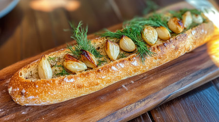 A golden baguette served on a wooden board, garnished with roasted garlic cloves, fresh dill, and rosemary sprigsの素材