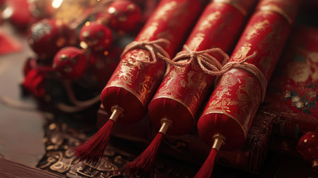 A close-up of red Chinese New Year firecrackers, tied together and displayed with other festive decorationsの素材