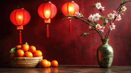 A festive corner decorated with red lanterns, a bamboo basket of oranges, and a vase of fresh peach blossoms for Chinese New Yearの素材