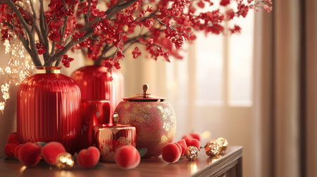 A festive indoor setup with red and gold Chinese New Year decorations, peach blossoms, and traditional symbols of prosperityの素材