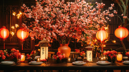 A festive table adorned with peach blossoms in full bloom, paired with lanterns and Chinese calligraphy scrollsの素材
