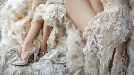A bride's perfect wedding ensemble featuring sparkling high heel shoes and a vintage lace garter.の素材