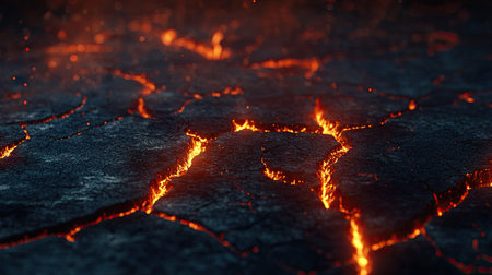 A close-up of glowing lava cracks spreading across a cooling surface, with intense heat radiating in the darkの素材