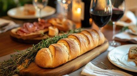 A dinner table setting with garlic and herb baguettes as a centerpiece, paired with wine and a charcuterie boardの素材