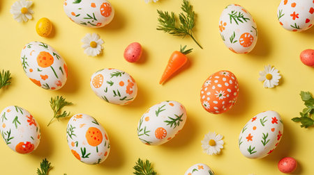 A flat lay of Easter eggs decorated with adorable patterns like tiny carrots and flowers, placed on a sunny yellow backgroundの素材