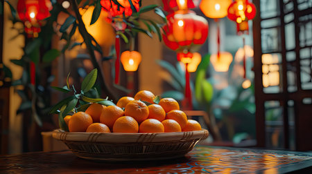 A festive table setup with oranges in a rattan basket, surrounded by red lanterns and traditional Chinese decorationsの素材