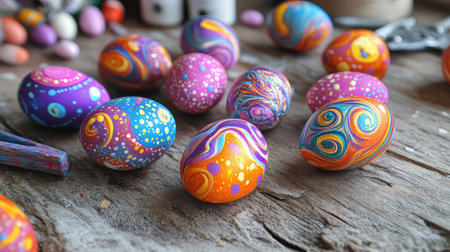 Vibrant Easter eggs with abstract swirls and dots, scattered around a rustic wooden surface with craft supplies nearbyの素材