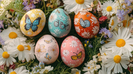 A flat lay of Easter eggs featuring delicate butterfly and floral patterns, arranged on a spring meadow-themed backgroundの素材