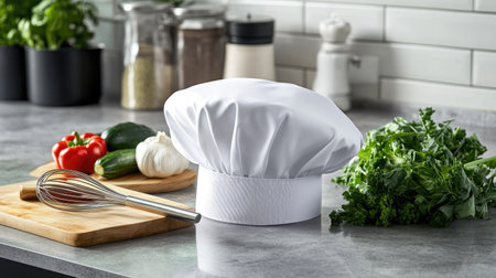 A white chef hat on a counter, accompanied by a professional kitchen whisk and cutting board with fresh veggiesの素材