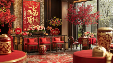 A festive indoor setup with red and gold Chinese New Year decorations, peach blossoms, and traditional symbols of prosperityの素材