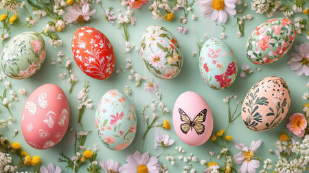 A flat lay of Easter eggs featuring delicate butterfly and floral patterns, arranged on a spring meadow-themed backgroundの素材