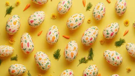 A flat lay of Easter eggs decorated with adorable patterns like tiny carrots and flowers, placed on a sunny yellow backgroundの素材
