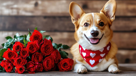Adorable dog wearing a heart-patterned bandana, sitting next to a bouquet of roses on Valentine's Day.の素材