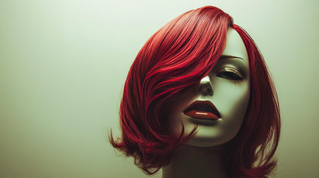 A mannequin head with a red ombre wig, placed against a neutral background for a modern look.の素材