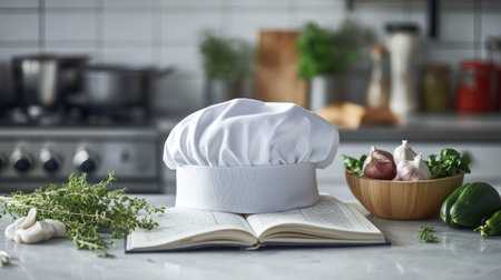 A white chef hat on a kitchen counter, with an open recipe book and fresh herbs beside itの素材