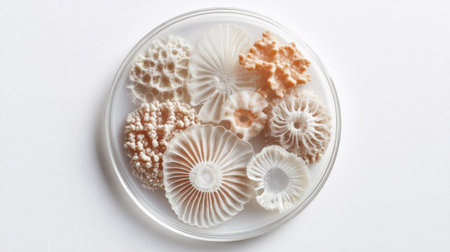Petri dish with bacterial colonies growing in unique, intricate shapes on a sterile white background, ideal for scientific exploration themes.の素材