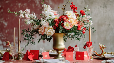 A festive centerpiece with peach blossoms in a golden vase, paired with red envelopes and miniature dragon decorationsの素材