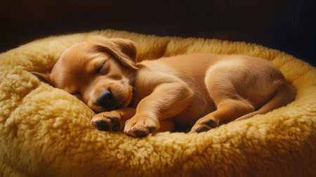 Adorable puppy curled up and fast asleep on a plush dog bed pillow, relaxing after playtime.の素材