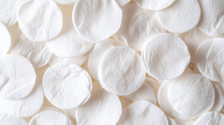 Pile of round cotton pads arranged neatly, showcasing soft texture and gentle material, perfect for skincare or cosmetic use.の素材