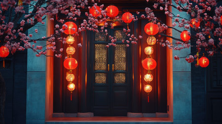 A festive doorway decorated with peach branches and red lanterns, welcoming prosperity and joy for the new yearの素材