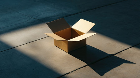 Plain cardboard box, flaps open wide on a concrete surface, symbolizing versatility in shipping, receiving, and packaging.の素材