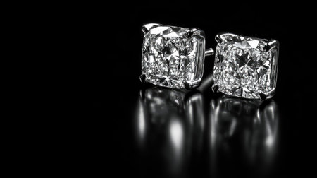 Pair of radiant diamond earrings, isolated on a black background, showcasing fine craftsmanship and classic style.の素材