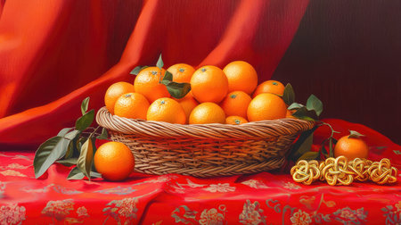 A decorative rattan basket of oranges on a bright red tablecloth, with gold ingots and Chinese knots nearbyの素材