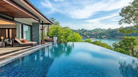 Luxury villa with a sleek infinity pool, overlooking a lush landscape, clear blue skies reflecting in the calm water, no people.の素材