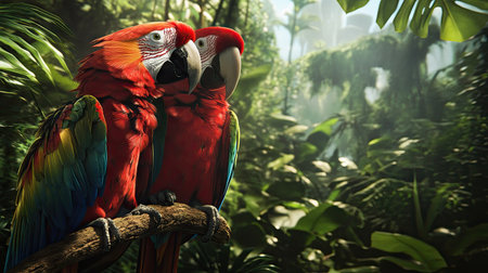 Pair of vibrant Macaw parrots on a branch, feathers shining under sunlight with a dense green jungle in the background.の素材